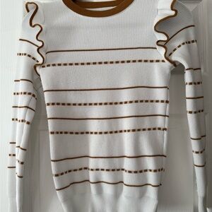 SHEIN White and Brown Striped Crew Neck Sweater